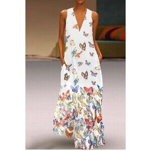 Misslook Maxi Dress Butterfly Print Chiffon V Neck White Side Pockets Size S